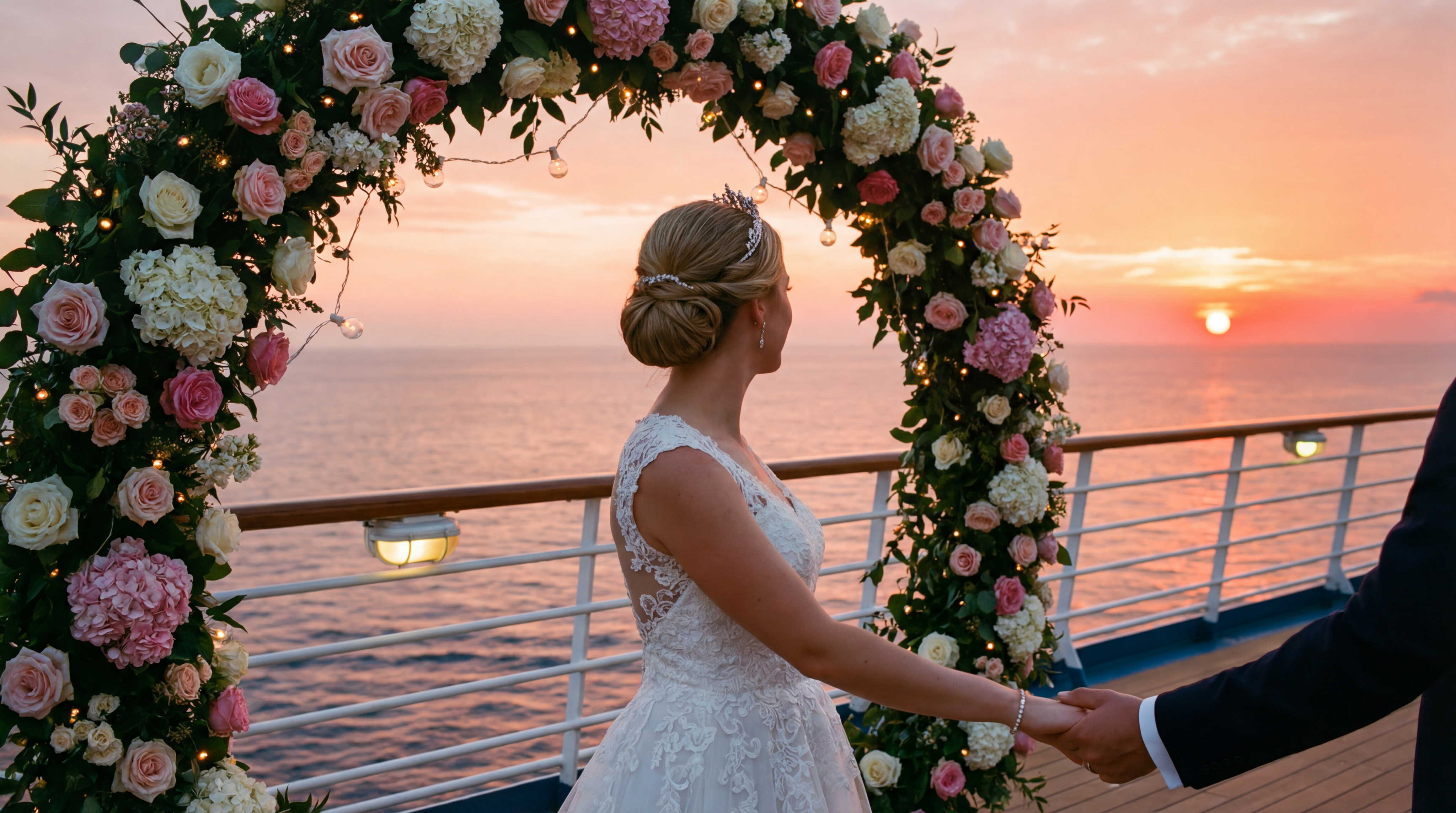 Bride and groom under floral arch